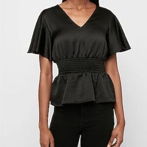 Express Textured Satin Black Peplum Blouse